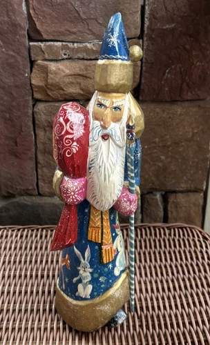 Vtg Wood Russian Santa Claus Grandfather Frost Hand Painted Carved Signed Figure