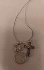 Silver-Tone Marcasite Pendant Necklace with Pink Crystal Cross & Heart