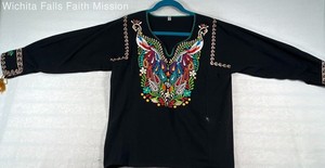 Chiapas Women's Black Peacock Embroidered Blouse Tassel Artisan Boho Sz S