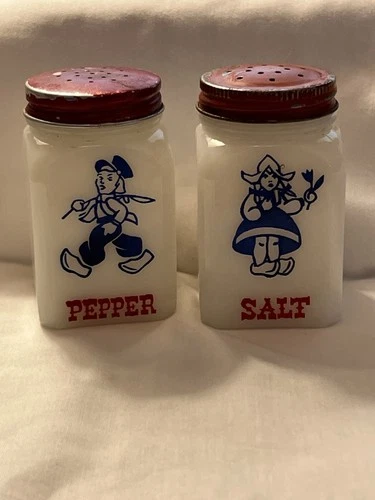 Vintage Hazel-Atlas Milk Glass Dutch Boy and Girl salt and pepper shakers
