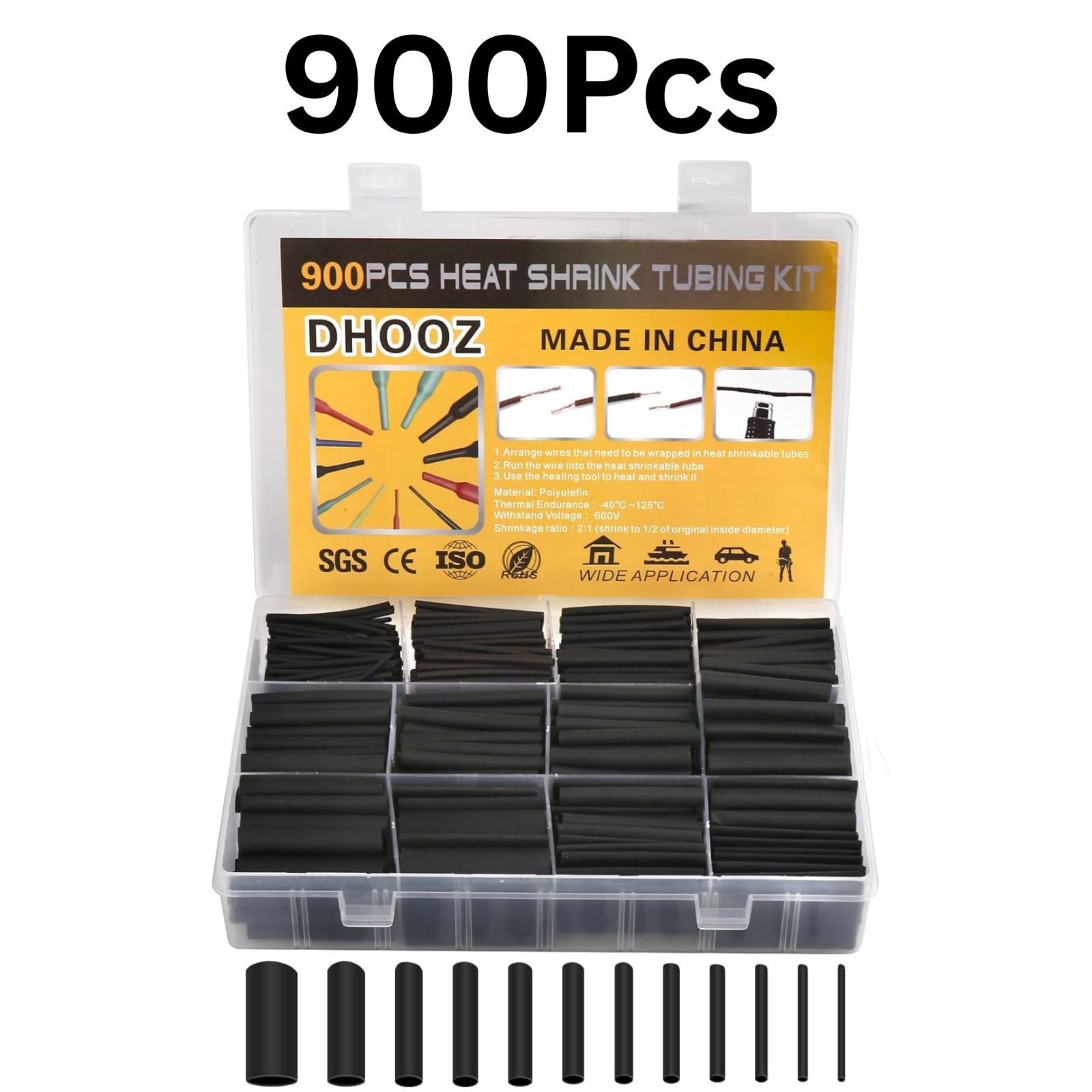 900 PCS Wire Heat Shrink Tubing Kit Marine Grade Wrap Premium Black NEW