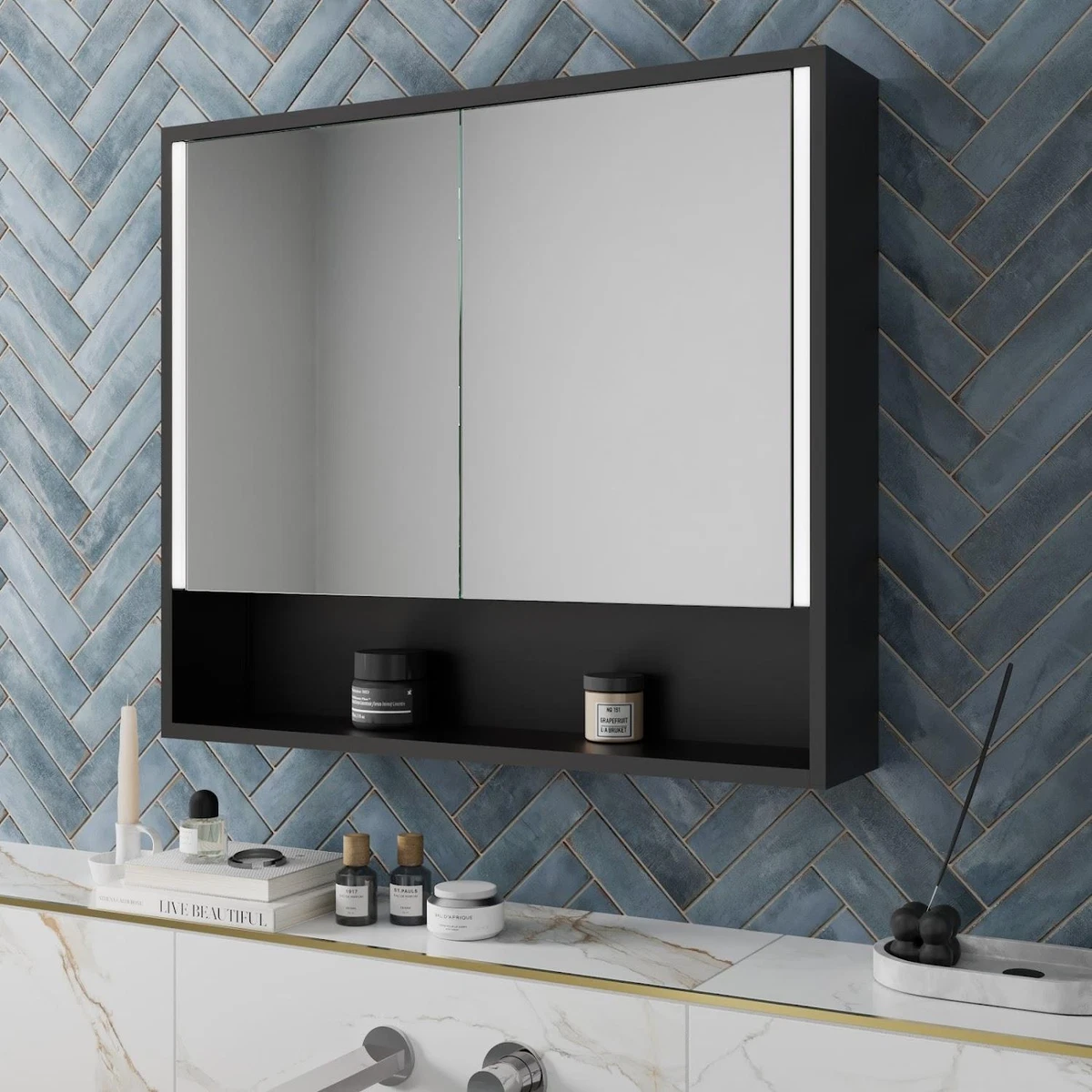 Bathroom Mirror Cabinet LED Wall Mounted 700x800mm Black Demister