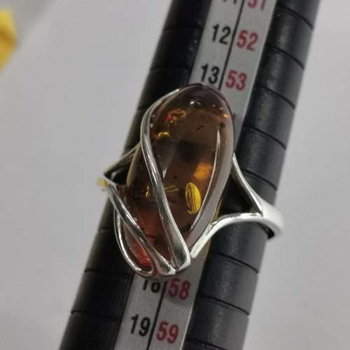 925 Sterling Silver & Genuine Baltic Amber Adjustable Ring - Picture 10 of 12
