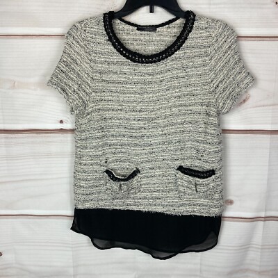 Zara W&B Collection Top Womens M Tweed Knit Scoop Neck Short