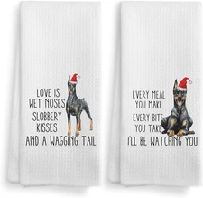 Christmas Doberman Kitchen Towels and Dishcloths Set for Dog Lovers