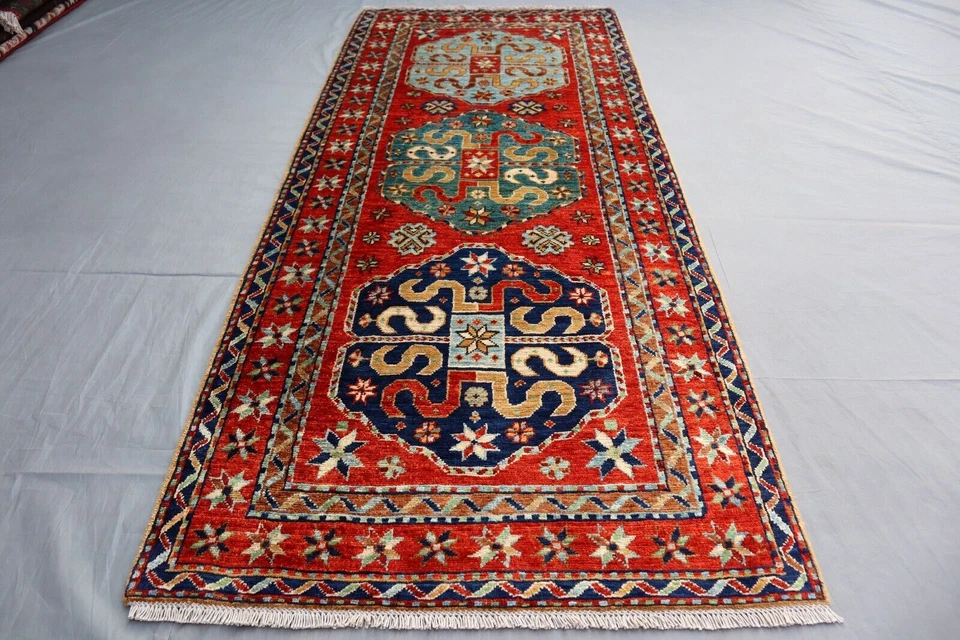 2x6 Caucasian Kazak Runner Rug – Bold Medallion Tribal Design in Red & Blue. - Image 2 of 4