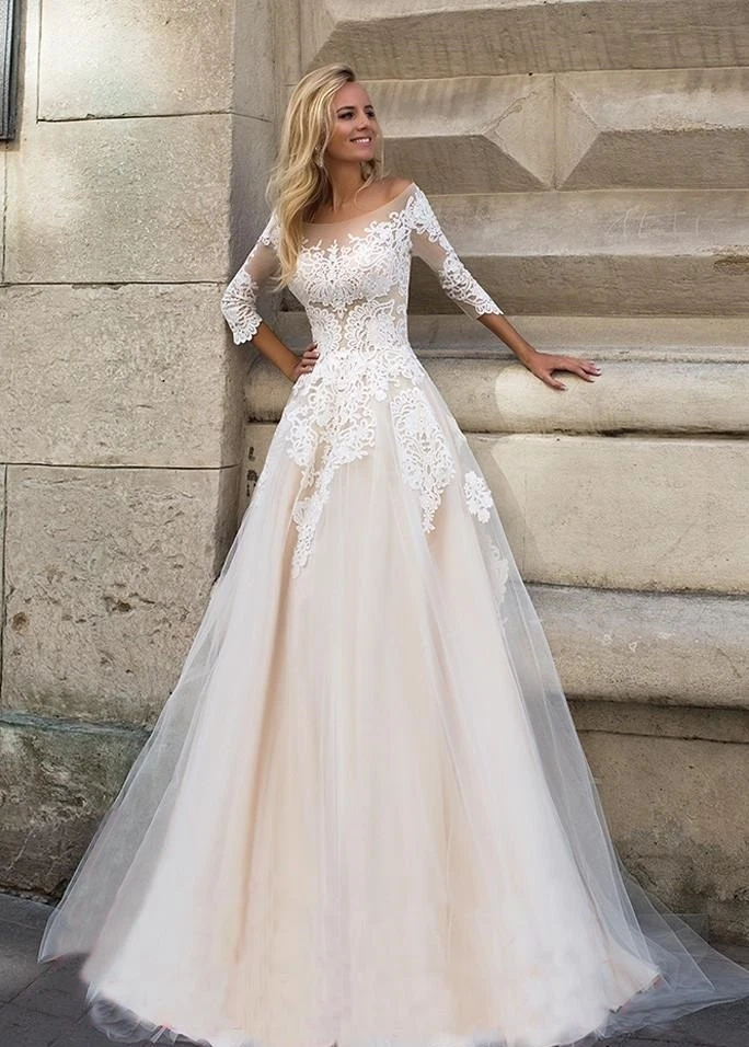 Vintage Scoop 3/4 Sleeves Lace Tulle Wedding Dresses Bridal Gowns Size 2 4 6 8++ - Image 2 of 4