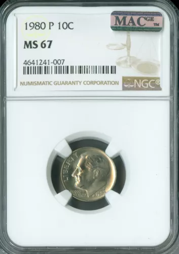 1980 P ROOSEVELT DIME NGC MS67 2ND FINEST GRADE MAC SPOTLESS  .