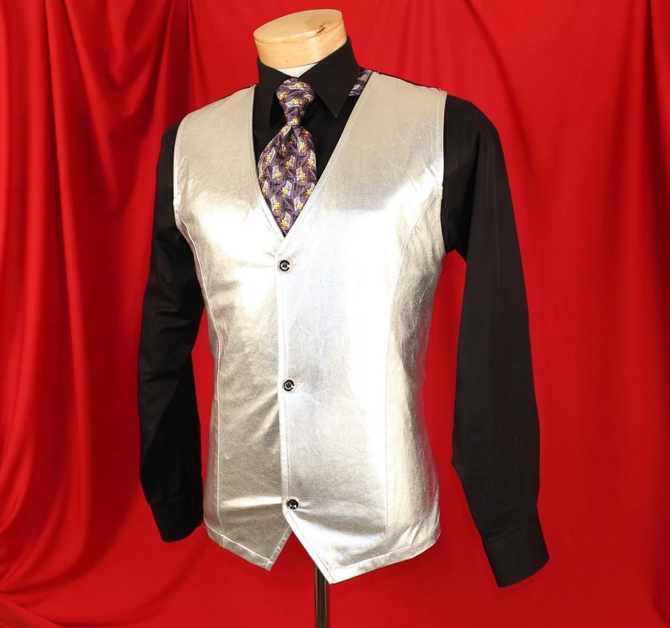 ZHELIN Silver Metallic Solid Nylon Men Formal Waistcoat Vest Size M - Image 4 of 4