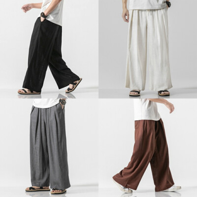 【ANGLAN】Linen Oblique Loose Pants Mens Beach Loose Cotton Linen Pants Yoga Drawstring