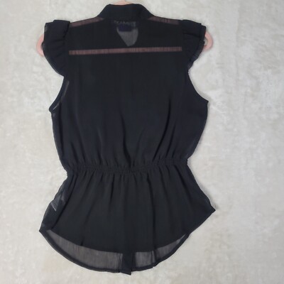 Miley Cyrus Max Azria L Junior Womans Black Top Sheer Ruffle Front Elastic Waist | eBay Miley Cyrus Max Azria L Junior Womans Black Top Sheer Ruffle Front Elastic Waist | eBay