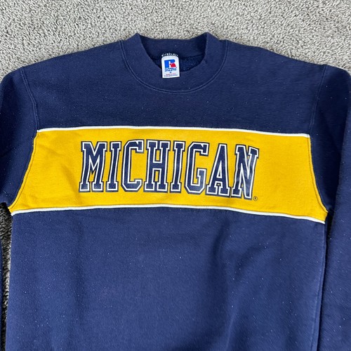 VINTAGE Michigan Wolverines Sweatshirt Mens M Blue Yellow Russell Crewneck 90s - Picture 3 of 12