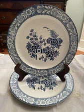 Antique Woods Ware Wood & Sons England Blue & White Floral 2 Dinner Plates