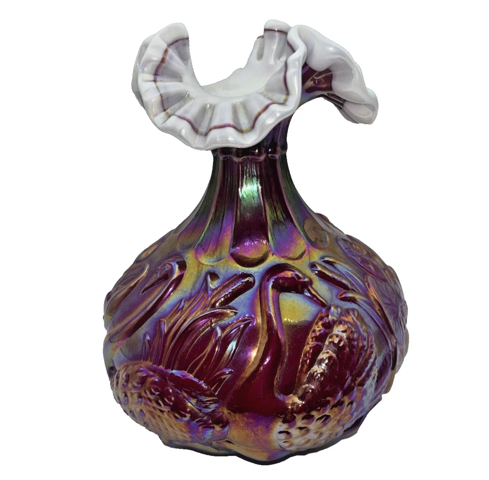 Fenton RUBY RED IRIDESCENT CARNIVAL GLASS OVERLAY SWAN CATTAIL VASE - Image 3 of 4