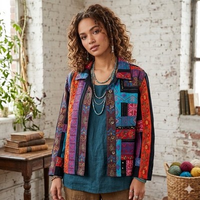 Patchwork Embroidered Jacket Size M Floral Boho Chic Festival Hippie Colorful 