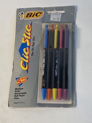 Vintage 1991 Bic Clic Stic 5 Pack Pens, Blue Ink, Neon Bodies, Medium Point 