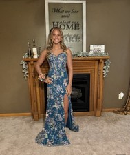 Women’s Blue Floral Long Gown Dress, Sleeveless Strappy, Side Slit, Size S