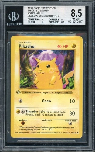 Pokemon BGS 8.5 NM-MT+ 1st Ed. Base Yellow Cheeks Pikachu 58/102