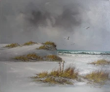 Painting on canvas Giclée Framed 20"x24" Seascape Ocean Seagulls Nature View 