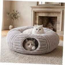 Cat Tunnel Bed Cave - Soft Washable Cushion for Indoor Cats, Peekaboo Grey