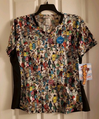 Where s Waldo Tooniforms Scrub Top Shirt Multicolor Size Large Cartoon Book NWT