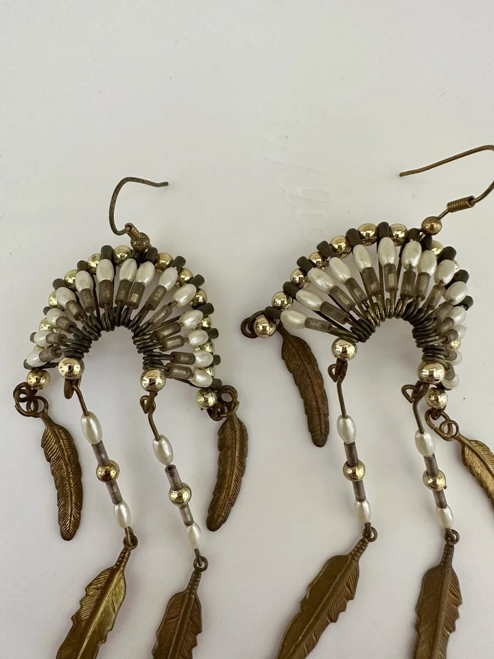 RARE* VTG Native American Beaded Headdress Dangle Earrings Gold Feathers Unique - Image 2 of 4