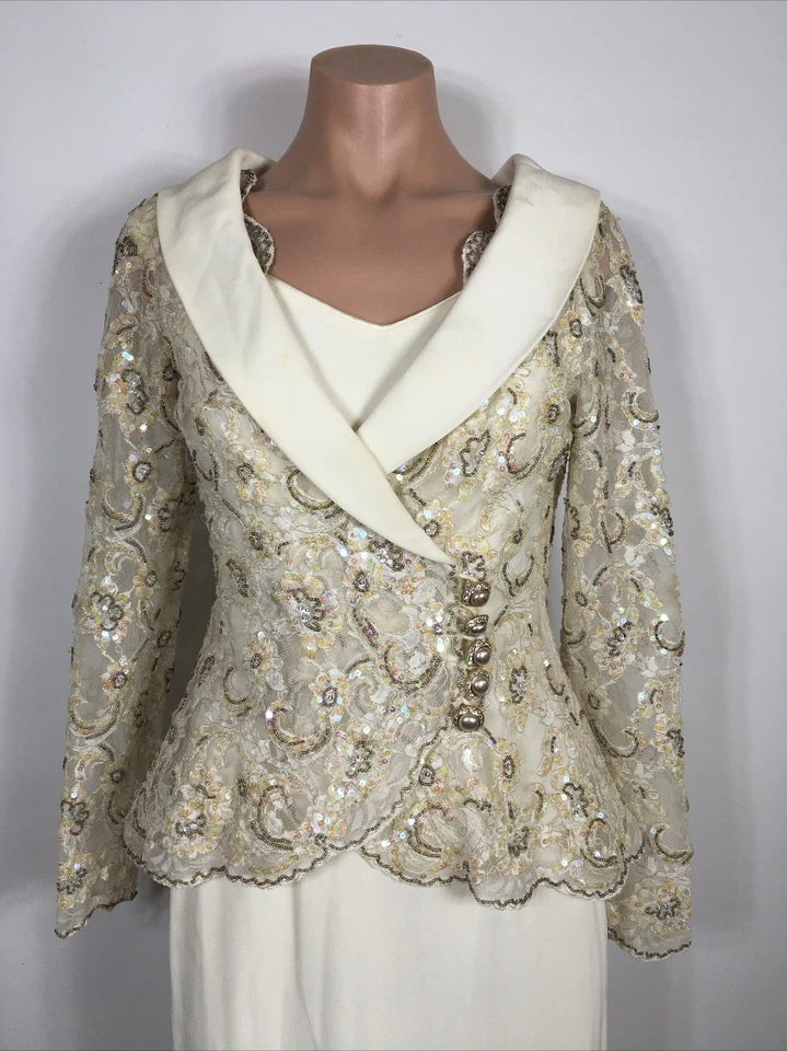 Bob Mackie Evening Dress Jacket 4 Ivory Iridescent Sequin Cocktail VTG Bridal - Image 3 of 4