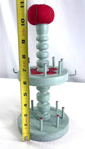 Vintage Wood Thread Spool Holder Pin Cushion 2 Tier Cottage