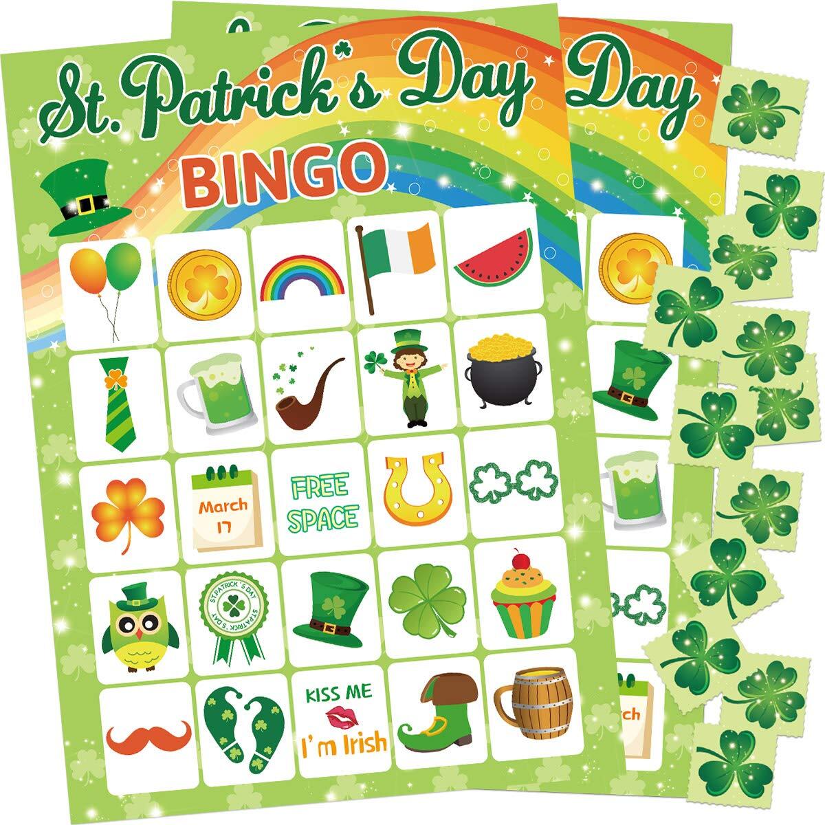 St.Patrick’s Day Bingo Game for Kids 24 Players Green Shamrock Party Game Sup...