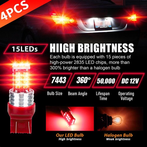 4PCS 7443 7440 LED Red Brake Stop Tail Parking Light Replacement Bulbs US - Picture 7 of 12