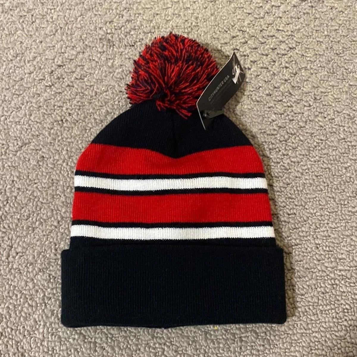 City Hunter Black Knit Hat with Red Lips and Racoon Fur Pom Pom Coco Red Rib Knit Beanie Hat with Finn Raccoon Pom Pom  main image 4