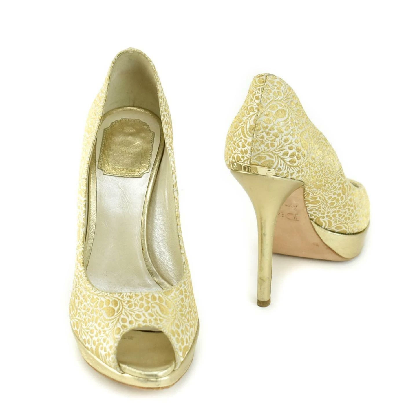 DIOR: Gold, Brocade Peep Toe Logo Heels/Pumps Sz: 6.5M
