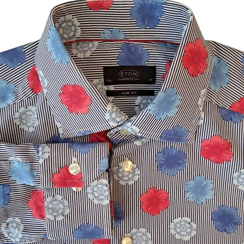 ETON Shirt Mens 15 M Black Stripes - Multicoloured Flowers SLIM FIT - Picture 3 of 11