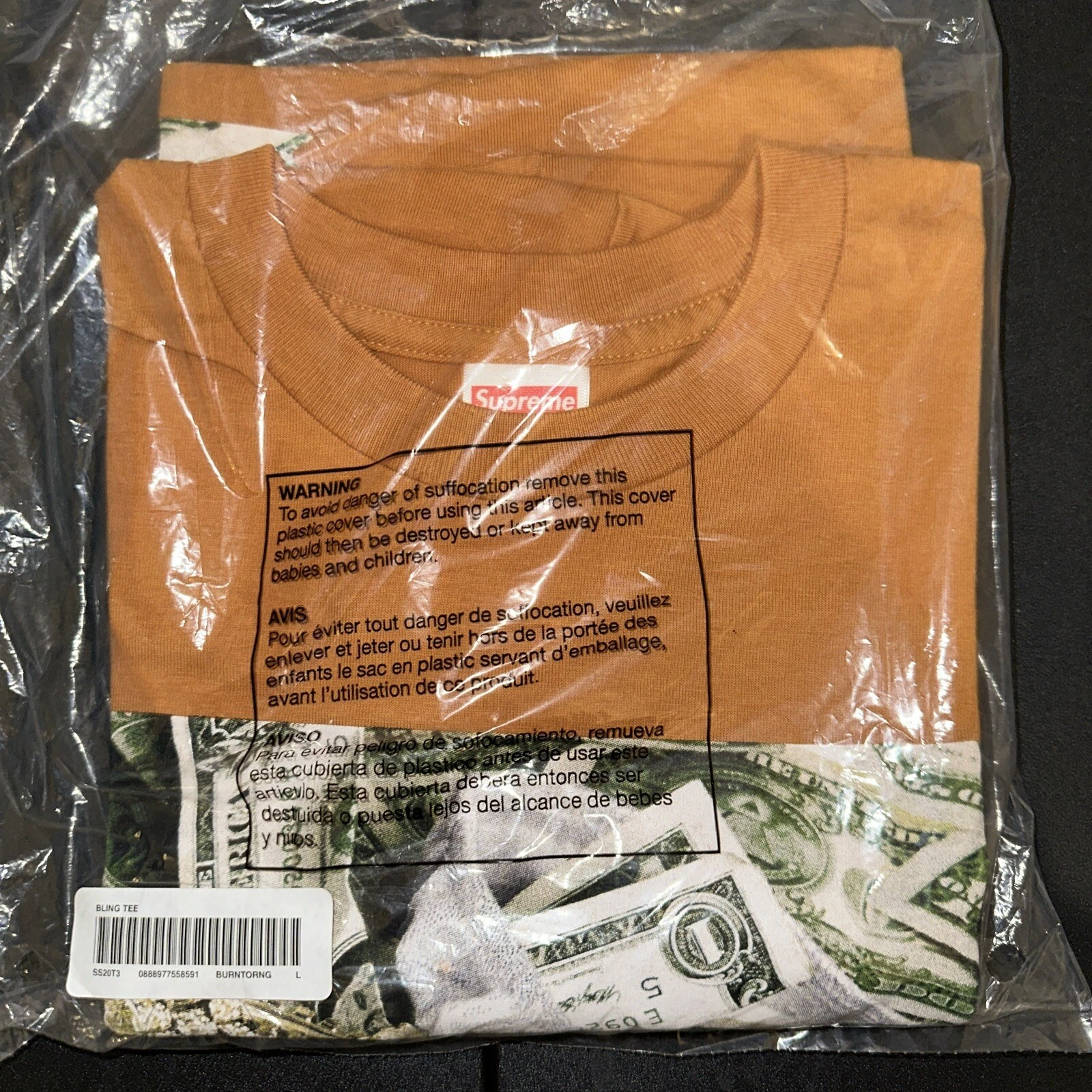T shirt manches courtes Supreme SS18 orange brûlé logo bling boxo taille L