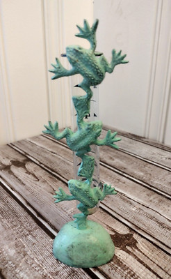 Vintage Cast Metal Green Patina Stacked Tree Frogs Rain Gauge ~7.5'' Garden Patio