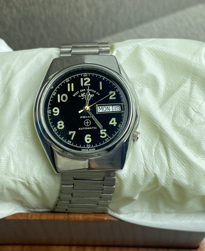 Vintage West End Co Automatic Sowar Prima K-4457 Black Dial Mens Watch Day/Date