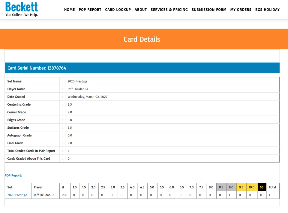 POP 1: Jeff Okudah RC BGS 9: 2020 Prestige Rookie Card Gisto #256 - Image 3 of 3