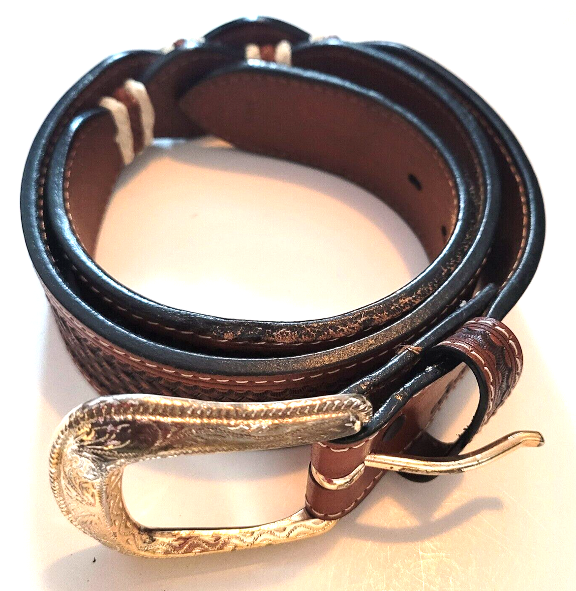 Brown Tooled Leather Belt with Silver Conchos 32 (32-36”) NWOT Sterling Silver Concho and Tooled Sequence Belt main image 4
