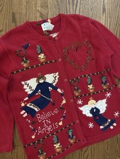 Vtg Holy Grail Ugly Christmas Sweater Flying Angels BELIEVE XL