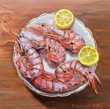 STILL LIFE Shrimps Original Oil Painting Fish Sea Food Collectible Art