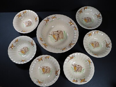 Seltenes Vintage Wade Hund & Fasan - 7-teiliges Serviernapf-Set