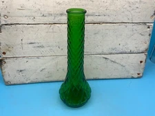 Vintage Emerald Green Glass 9" Tall Bud Vase, Quilted Diamond Pattern
