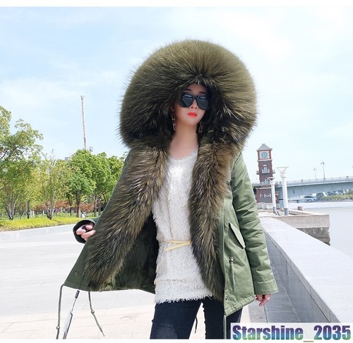 Chic Women Large Real Fur Collar Hood Coat Warm Jackets Short Parka Furry Winter - Picture 5 of 41