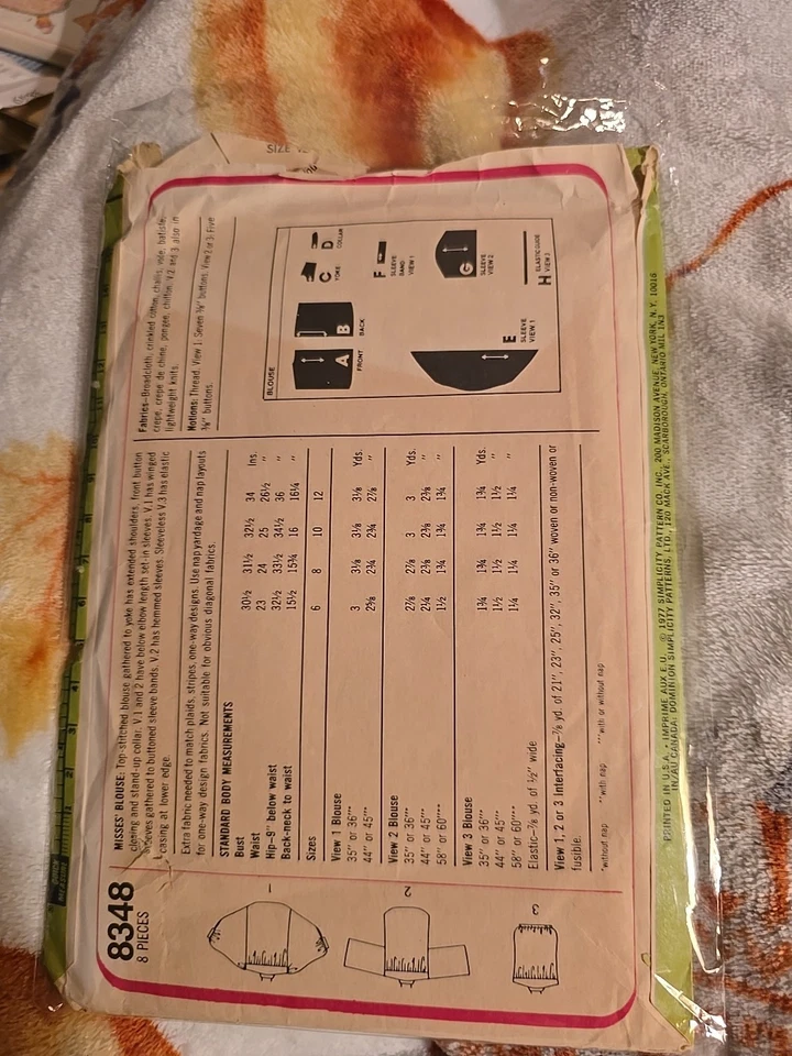 Vintage Simplicity Size 12 Top Shirt Blouse Winged Raglan Sleeve 8348 Cut - Image 2 of 2