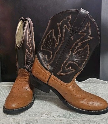 Acme Boys Cowboy Boots 1.5D Ostrich Print Leather Brown Western Style 69127