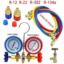 AC Manifold Gauge Set A/C Refrigeration 3 Way Hose Fit For R502 R134a R12 R22