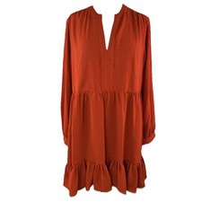 Vince Camuto Sz Large Orange Lined Dress Long Sleeves Ruffled Edge V-Neck