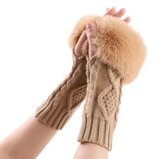  Knit Arm Warmers Faux Fur Fingerless Gloves for Women Winter Wrist Khaki