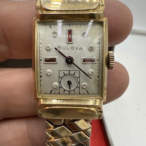 1949 Bulova Beau Brummell quadrante rubino e diamanti art deco anse con cappuccio unisex - Foto 4 di 8