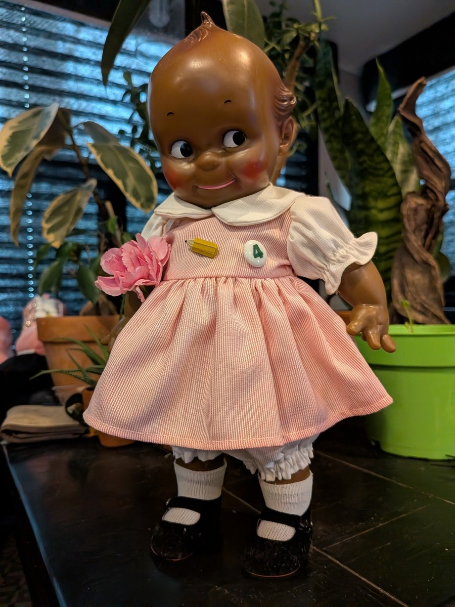 Vintage Kewpie Doll Brown With Pink Dress And Black Shoes